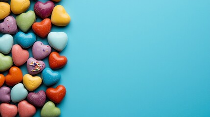 Obraz premium Intricate candy heart designs with vibrant colors and fun messages, creative layout, Valentine candy, playful holiday mood