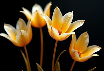 Obraz premium Three-Dimensional Golden Tulips: Stunning Glass Sculpture Featuring Exquisite Details and Linear Texture on a Dark Background 