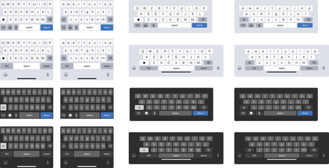 Mobile keyboard for smartphone or tablet. Two keypad template, light and dark user Interface UI. Vector illustration