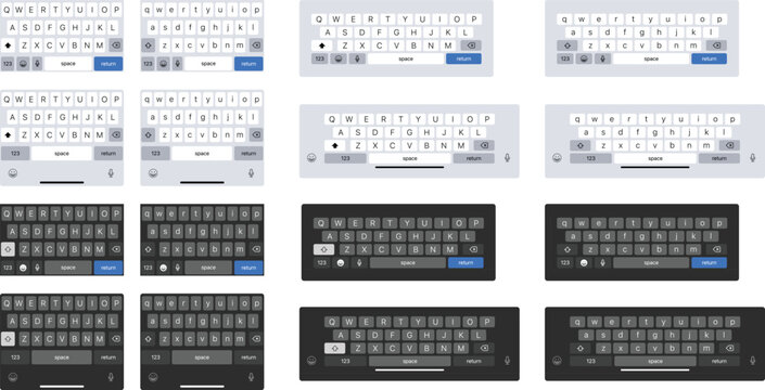 Mobile keyboard for smartphone or tablet. Two keypad template, light and dark user Interface UI. Vector illustration