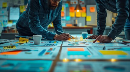 Obraz premium Two colleagues collaborate on a large project spread across a table, reviewing charts and diagrams.