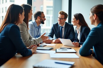 Professional Business Meeting with Diverse Team Discussing Strategies in Modern Office Setting, Ideal for Corporate Training and Team Building Materials
