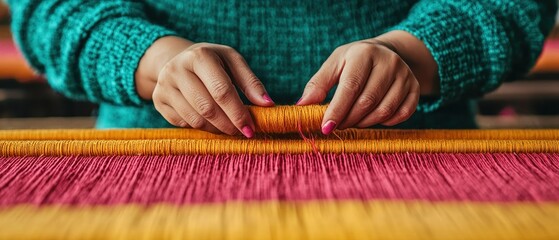 developing countries aid concept. A person skillfully weaving colorful threads, showcasing intricate craftsmanship and attention to detail.