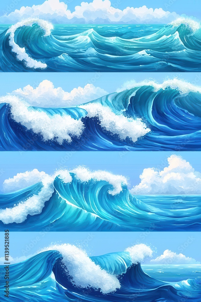 Poster vibrant ocean waves captured in varying shades of blue, creating a calming and dynamic seascape.