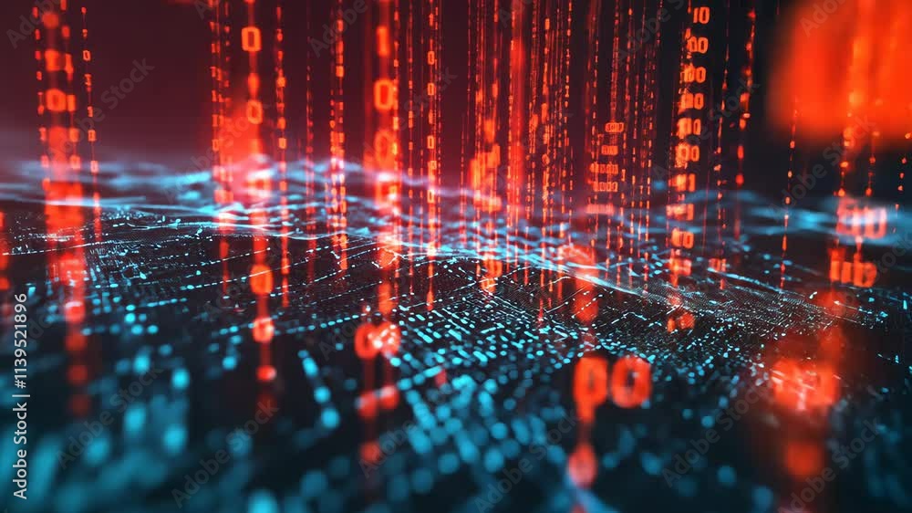 Aufkleber digital rain creates a mesmerizing visual of cascading binary code over a network landscape at night