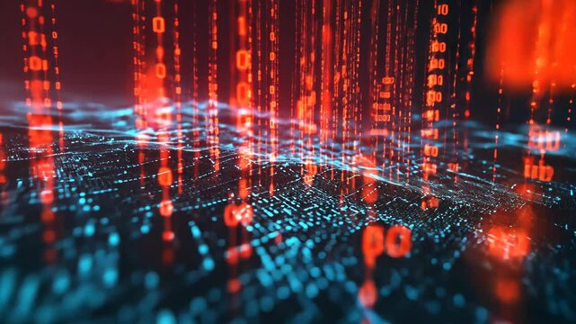 Digital rain creates a mesmerizing visual of cascading binary code over a network landscape at night