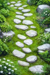 A serene stone pathway through lush greenery, dotted with vibrant flowers and large rocks, creating a peaceful ambiance.