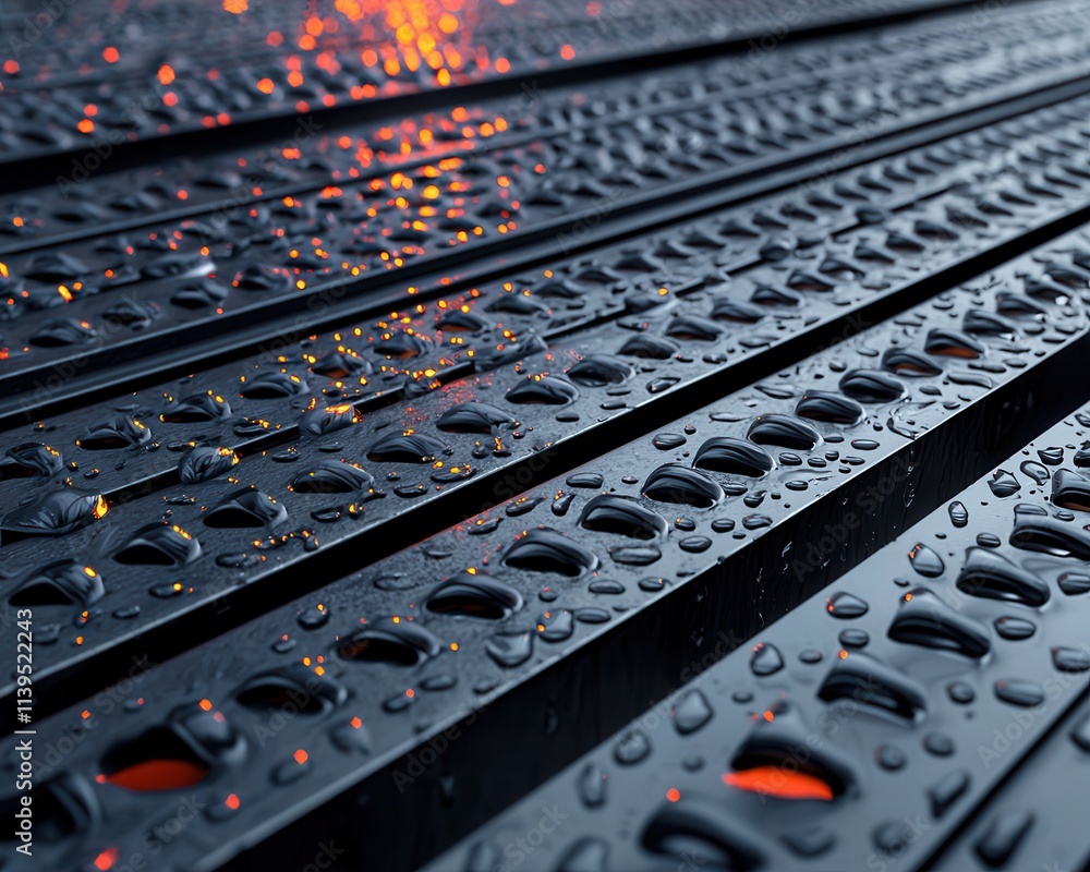 Poster close-up of rain droplets on textured dark surface, creating a moody and reflective atmosphere.