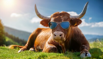 Sunny Days: A Relaxed Brown Bull in Sunglasses Enjoying the Meadow"