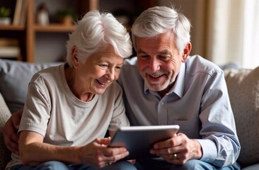 Elderly couple watching video on tablet
