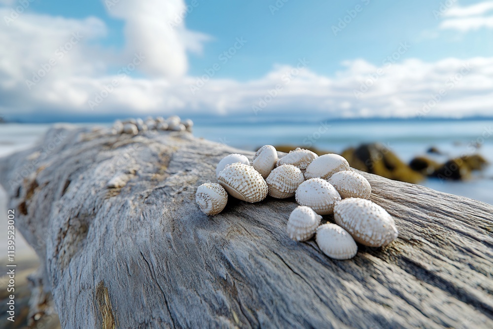 Poster Close-up of white seashells resting on a weathered log by the tranquil shoreline.