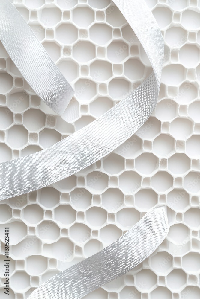 Poster close-up of a textured white honeycomb pattern with flowing white ribbon, creating a clean and elega