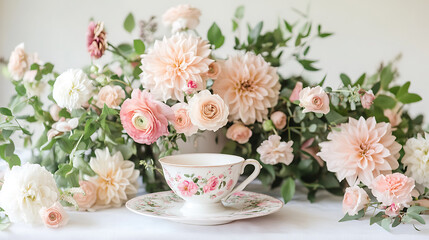 beautiful tea party setup with delicate flowers and vintage cup