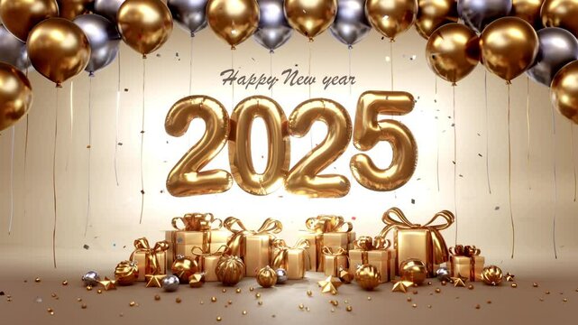 Festive golden balloons and gift boxes celebrating New Year 2025, perfect for holiday and event themes. 3D animation render4K