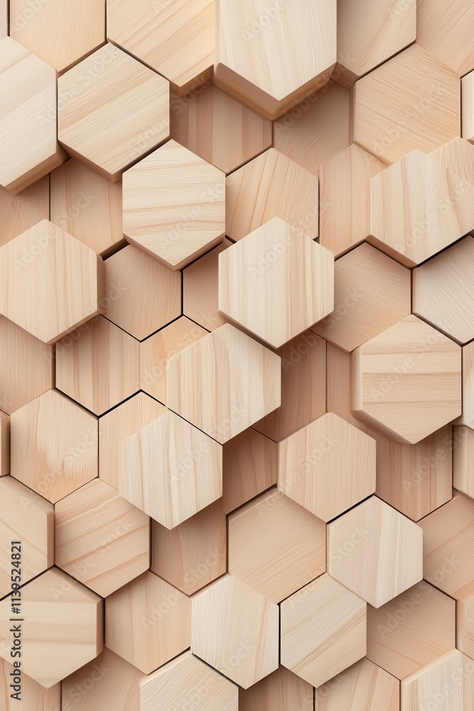 Poster an intricate arrangement of light wooden hexagonal shapes creating a textured, natural backdrop.