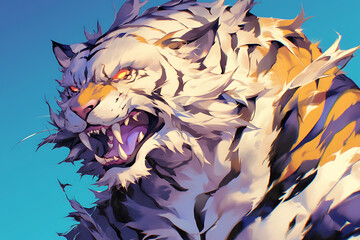A fierce, stylized tiger with vibrant colors and an intense expression.