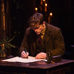 Pensive Man Writing in Dimly Lit Room