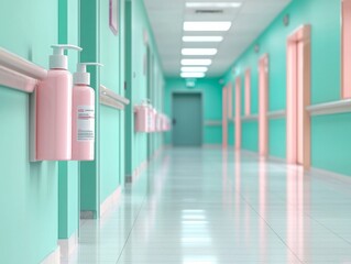 Bright and Clean Hospital Hallway with Mint Green Walls and Neatly Placed Lotion Bottles for Healthcare Settings and Medical Facilities