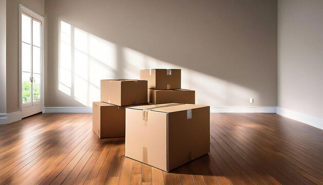 A mountain of cardboard boxes in a beautiful room. A room with light shining through the window and cardboard boxes.