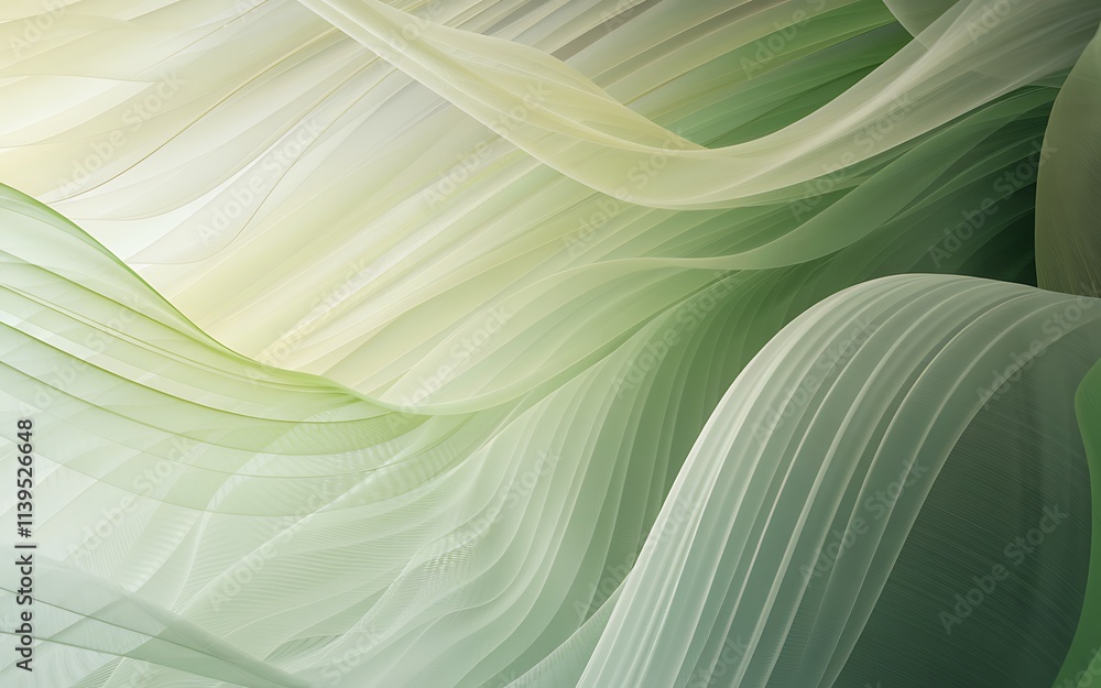 Poster abstract digital art with a green and white gradient background, featuring dynamic wave-like curved 
