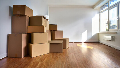 A mountain of cardboard boxes in a beautiful room. A room with light shining through the window and cardboard boxes.