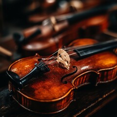 Polished Violin Closeup, Rich Wood Grain, Musical Instrument