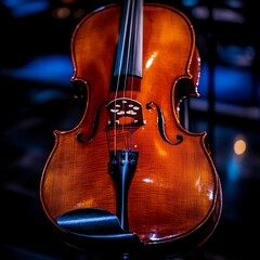 Polished Violin in Dark Studio Setting, Musical Instrument