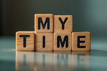 Wooden blocks arranged to form the phrase my time rest on a reflective surface, highlighting the importance of self-care and personal moments against a tranquil background