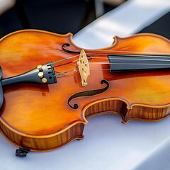 Fototapeta premium Polished Violin Resting on White Surface, Close Up View