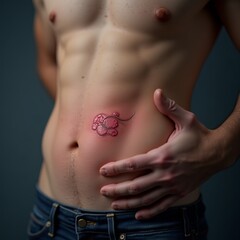Naklejka premium A muscular individual displays a unique tattoo on their abdomen, featuring a detailed and colorful design, against a dark and atmospheric backdrop, highlighting artistry and physique