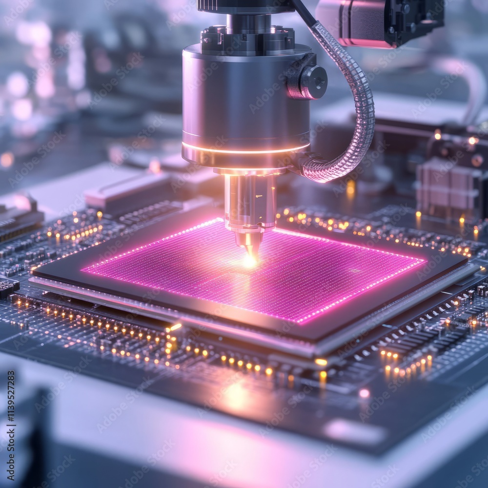 Poster precision microchip manufacturing process in high tech factory