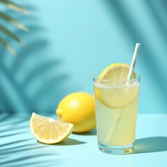 Fototapeta premium A delightful lemon beverage garnished with a fresh lemon slice is placed next to whole lemons, all set against a bright blue background filled with playful shadows