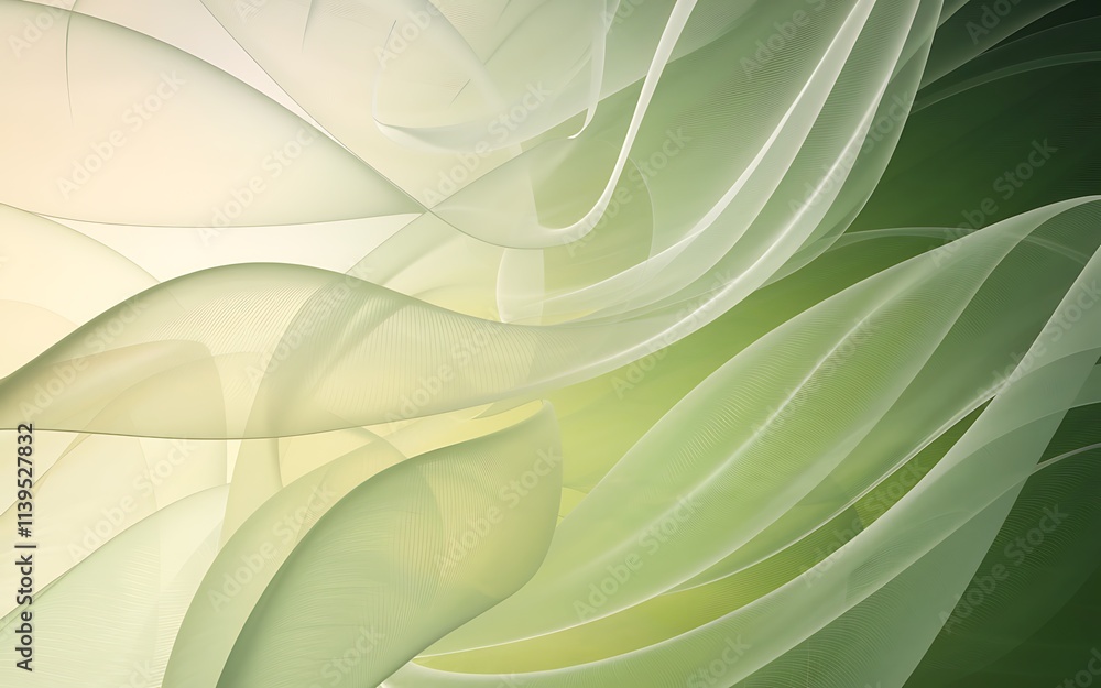 Poster abstract digital art with a green and white gradient background, featuring dynamic wave-like curved 
