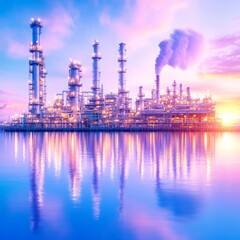 Obraz premium Refinery Sunset Reflection Industrial Complex at Dusk