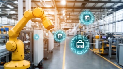 Automated robotic arm in a modern factory with industrial internet of things (IIoT) overlay.