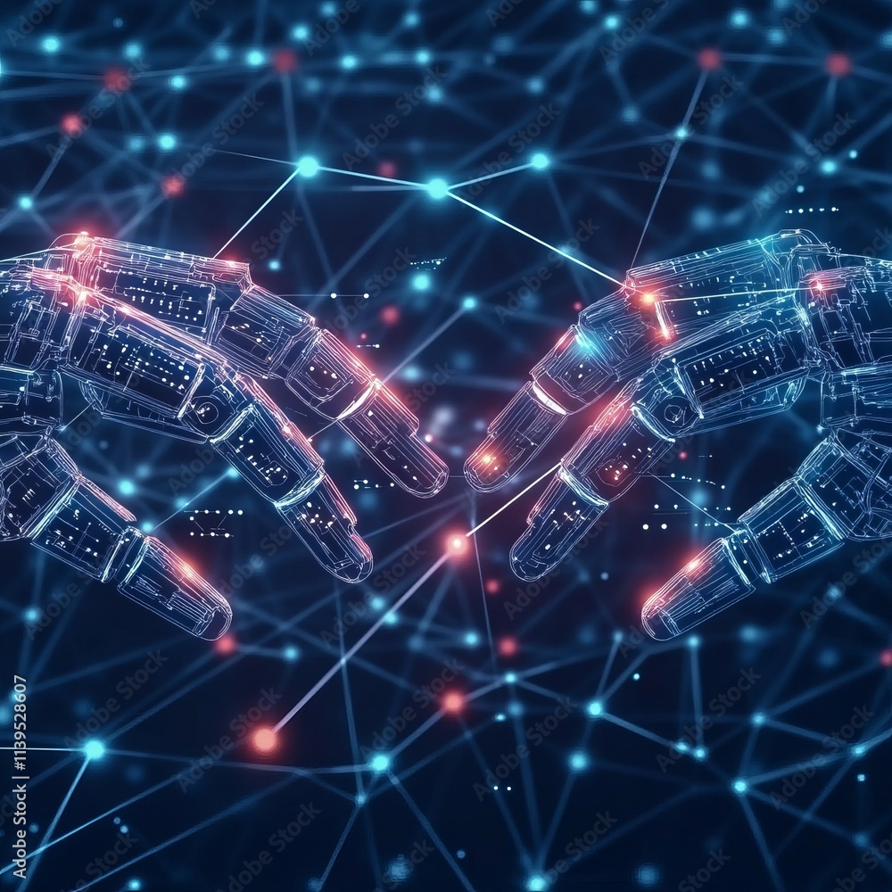Poster robotic hands interacting in a digital network