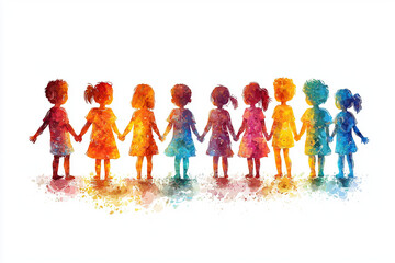 Fototapeta premium A vibrant graphic depicting happy children holding hands- radiating friendship and rejoicing. This colorful animation is a great graphic design