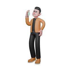 Film Director Cartoon Professional Creative 3D Model. A male director stands holding a cell phone in his suspicious hand, talking expression on the phone. Illustration Design