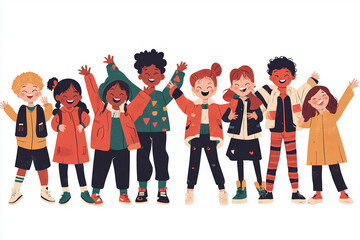 Obraz premium A joyful group of children from diverse ethnicities- smiling and celebrating. Happiness and friendship shine through in this animated cartoon