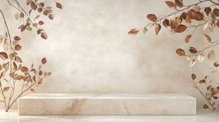 Light marble product display podium with nature leaves