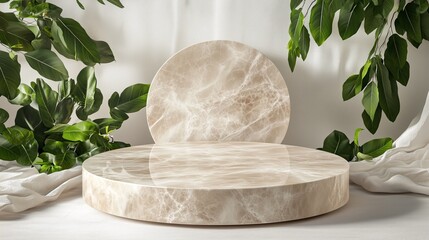 Light marble product display podium with nature leaves