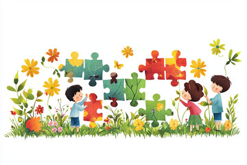 A happy child plays a leaf-shaped jigsaw puzzle.  Animated cartoon graphics depict this toddler's joyful playtime.  Perfect clip art for family