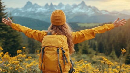 Naklejka premium A person with a backpack enjoys a scenic mountain view surrounded by flowers.