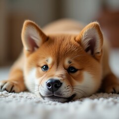 Obraz premium A charming shiba inu puppy lies comfortably on a plush carpet, showcasing its fluffy fur and bright eyes while relaxing in a warm and inviting room