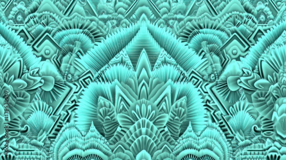 Poster teal abstract symmetrical pattern with intricate 3d design.