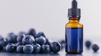 A bottle of blueberry essential oil next to a pile of blueberries