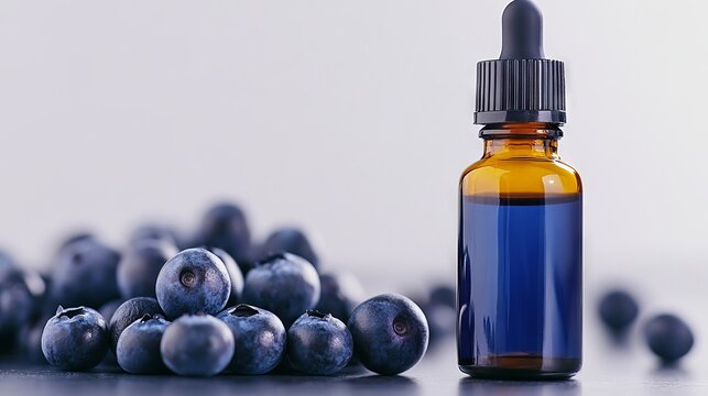 A bottle of blueberry essential oil next to a pile of blueberries