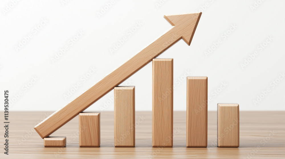 Poster Wooden Bar Graph with Upward Arrow: A simple and elegant wooden bar graph with an upward arrow representing growth and success. This image conveys a message of progress, achievement.