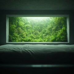 Fototapeta premium Serene Jungle View from Minimalist Bedroom Window