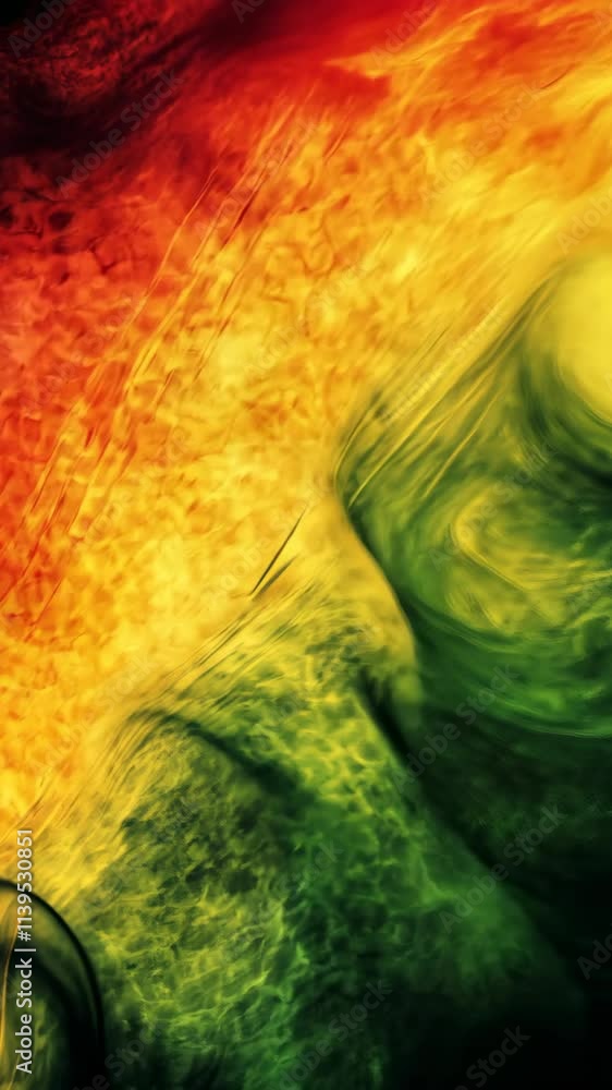 Poster vibrant abstract pattern illustrating fluid colors blending together in dynamic waves of red, yellow